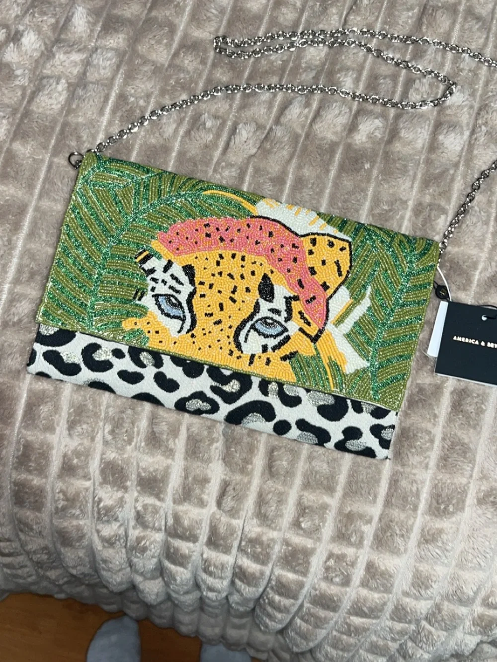 NWT America & Beyond Beaded Leopard Clutch with silver strap